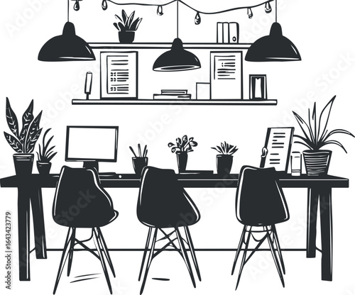 Black and white illustration of a modern office workspace with desk chairs plants and computer