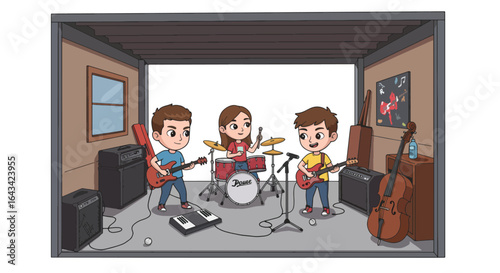 Youth Band Practicing Music in Garage Studio