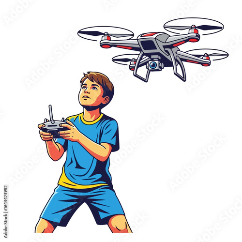 Vector art of young boy operating a drone with a remote control, looking up at the flying aircraft, isolated on white background