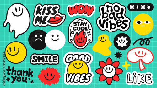 Colorful stickers with smiley faces, positive phrases like 'stay cool', 'good vibes', 'no bad vibes', and 'thank you' on a turquoise grid background Funky stickers, vector set