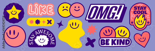 Colorful stickers with positive messages like 'OMG!', 'Stay Cool', 'Be Kind', and 'Stay Awesome' Smiley faces and vibrant designs on a purple background Funky stickers, vector set