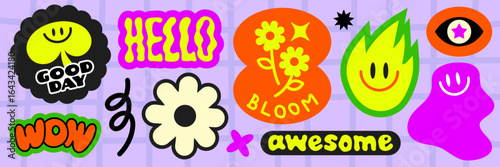 Colorful retro stickers with words like 'hello', 'awesome', 'wow', and 'bloom' Bright flowers, smiley faces, and abstract shapes on a purple background Funky stickers, vector set