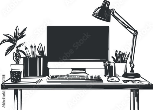 Black and white illustration of a modern workspace with computer monitor, keyboard, lamp, plants, and stationery on desk.