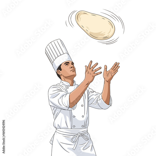 Vector art of professional chef in uniform tossing pizza dough in the air, isolated on white background