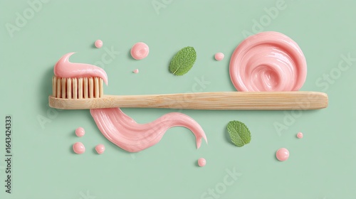 Wallpaper Mural Natural bamboo toothbrush with pink toothpaste and mint leaves arranged on a mint green background Torontodigital.ca