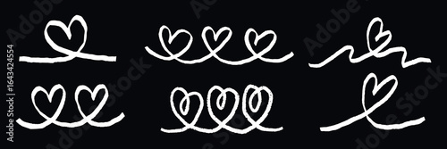 Chalk heart doodles on black background. Six heart designs. Heart patterns drawn in chalk. Simple chalk heart illustrations. Heart doodles in white chalk. Hand drawn Valentine's Day vector set.