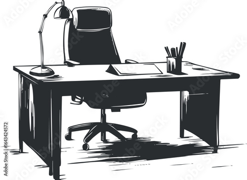Black and white illustration of a modern office desk with chair lamp and stationery