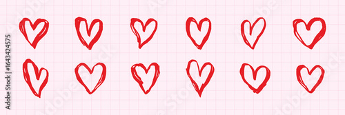 Red hearts on a grid background. Hand-drawn hearts in red. Simple red heart illustrations. Red hearts, grid pattern, hand-drawn style. Cute hand drawn Valentine's Day vector set.