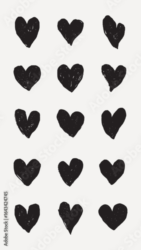 Pattern of black hearts on a white background. Simple heart design, black hearts repeated in rows. Minimalist black heart pattern, artistic and bold. Hand drawn Valentine's Day vector set.