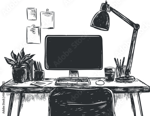 Black and white sketch of an organized office workspace with computer, desk lamp, plant, and stationery on the table.