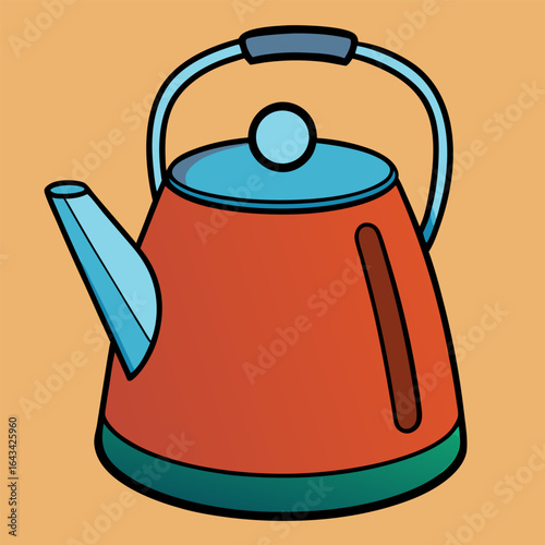 Illustration of a red and blue hot water kettle with a handle, spout, and lid, set against a beige background.
