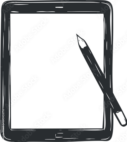 Black and white sketch of a digital tablet with a stylus pen on a white background