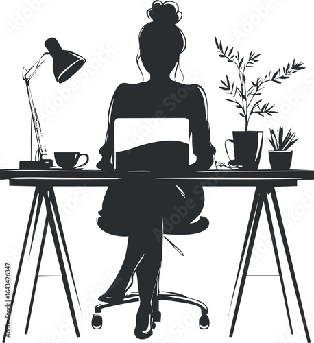 Silhouette of a woman sitting at a desk with a laptop, lamp, coffee cup, and potted plants in a modern office or home workspace.
