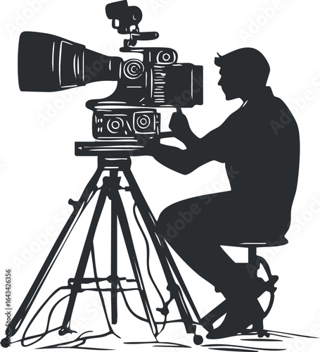 Silhouette of a man operating a professional video camera on a tripod for filming or broadcasting