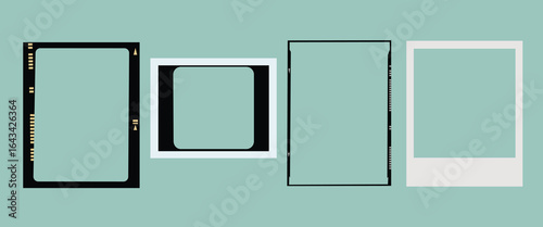 Set of four retro photo frames on a teal background. Vintage frames include polaroid and film styles. Ideal for photography and design projects. Instant photo frames, vector set.