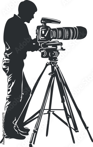 Silhouette of a photographer standing and adjusting a professional camera on a tripod for a photo shoot.