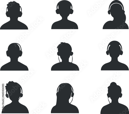 Set of nine black silhouette icons of people wearing headsets representing customer service and call center operators