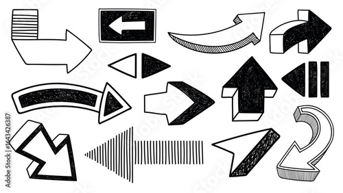 A collection of hand-drawn arrows in various styles and directions. Includes thick, thin, curved, and straight arrows. Black and white sketch arrows. Hand drawn element vector set.