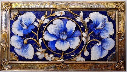 elegant vintage decorative tile with indigo blossoms and golden rings