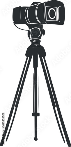 Black and white illustration of a professional camera mounted on a tripod isolated on white background