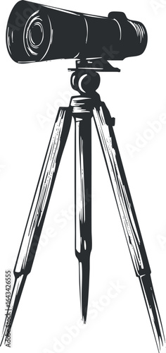 Black and white illustration of a telescope mounted on a tripod for astronomical observation and exploration