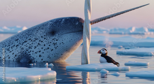  Close-up of a colossal narwhal’s spiraled tusk breaking through the crystalline Arctic ice at sunrise, with a vibrant puffin perched at its base under the pastel glow of a polar dawn, surrounded