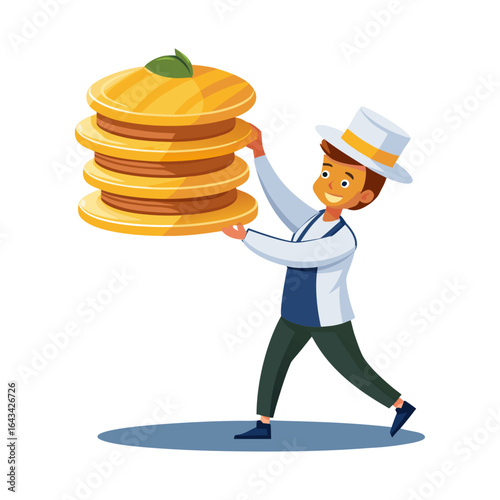 Playful vector illustration of male chef balancing a towering stack of pancakes taller than himself, perfect for food-themed designs