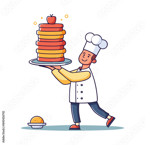 Playful vector illustration of male chef balancing a towering stack of pancakes taller than himself, perfect for food-themed designs