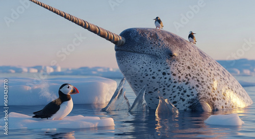 Εκτύπωση καμβά Close-up of a colossal narwhal’s spiraled tusk breaking through the crystalline