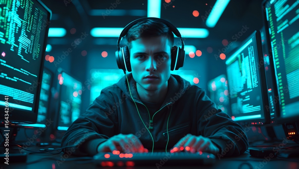 Naklejka premium A young man, deeply focused, works on a computer system while wearing headphones