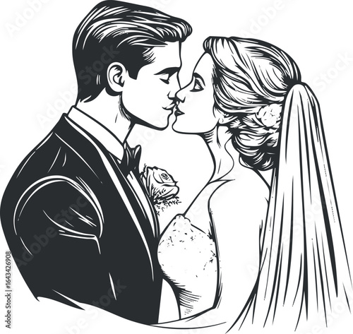 Black and white illustration of a bride and groom sharing a romantic kiss on their wedding day dressed in elegant attire.