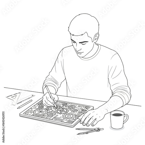 Vector art of man meticulously drawing intricate mechanical gears on a drawing board, isolated on white background