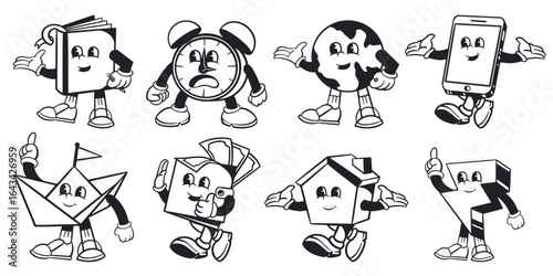 Cartoon characters with arms and legs: book, clock, globe, phone, boat, gift, house, letter. Fun, playful, animated. Variety of objects with faces and limbs. Cute cartoon elements, vector set.