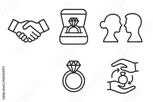 Engagement celebration vector icon set. Handshake agreement, diamond proposal ring in box, couple silhouettes, exchanging engagement ring, marriage commitment. Relationship, love, wedding symbols.