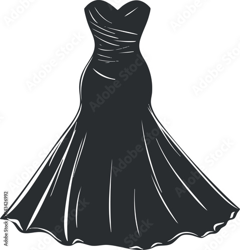 Silhouette of a strapless formal evening gown dress with elegant flowing skirt and fitted bodice