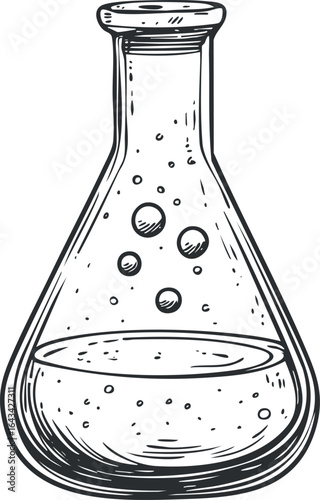 Hand drawn illustration of a laboratory flask containing liquid with bubbles, used in scientific experiments and chemistry