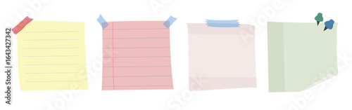 Colorful sticky notes: yellow, pink, white, green. Sticky notes with tape and pins. Sticky notes for reminders, lists, and messages. Sticky notes variety. Cute memo element set. Vectors.