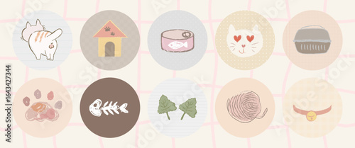 Cute cat icons featuring fish, yarn, and paw prints. Cat-themed designs include fish, yarn, and paws. Perfect for cat lovers and pet-themed projects. Cute pet illustrations vector set.