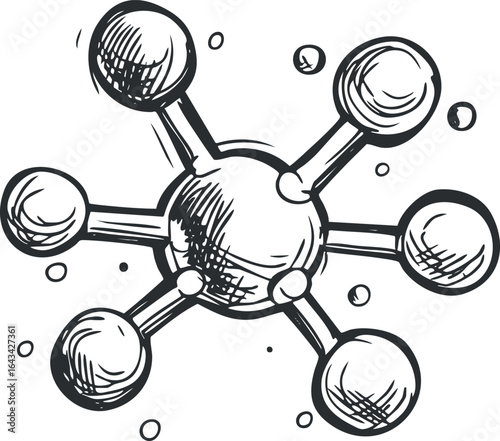 Hand drawn sketch of a molecular structure with atoms connected by bonds in black and white