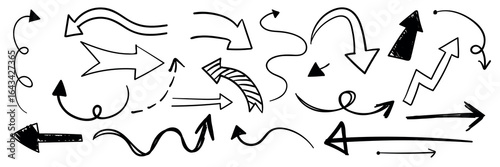 Collection of hand-drawn arrows in various styles. Arrows pointing in different directions. Doodle arrows, sketch arrows, creative arrow designs. Hand drawn doodles element set. Vectors.