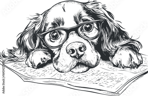 Black and white sketch of a dog wearing glasses resting its head on a newspaper, looking thoughtful.