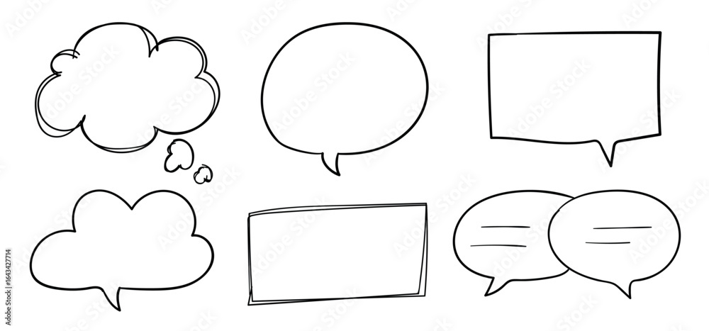 Obraz premium Hand-drawn speech bubbles in various shapes. Speech bubbles for comics, notes, or messages. Blank speech bubbles for creative designs or text inserts. Hand drawn message element set. Vectors.