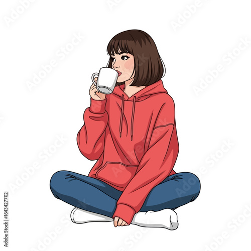 Vector art of young woman in a red hoodie drinking from a mug while sitting crosslegged, isolated on white background