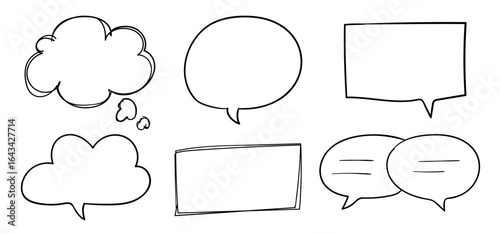 Hand-drawn speech bubbles in various shapes. Speech bubbles for comics, notes, or messages. Blank speech bubbles for creative designs or text inserts. Hand drawn message element set. Vectors.