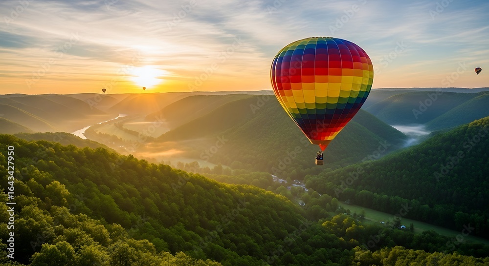 Fototapeta premium Morning Flight Rainbow Hot Air Balloon Drifting Peacefully Over a Lush River Valley