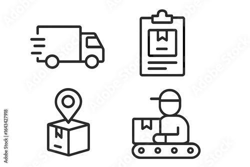 Modern Delivery Logistics Line Icons Set. Shipping, Parcel Tracking, Express Transport, Document Management, Courier, Supply Chain, Warehouse. Vector Illustration for Web and Mobile App UI, Ecommerce.
