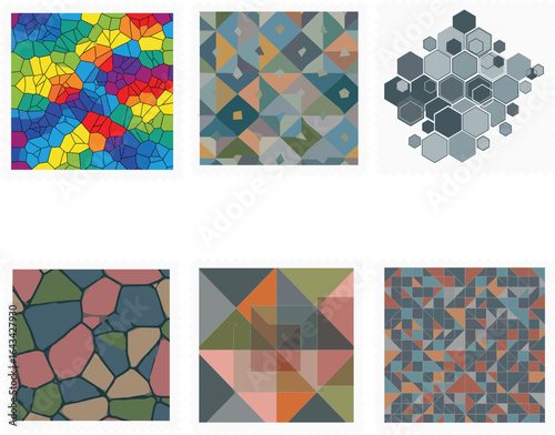 Seamless pattern of colorful striped postage stamps on a light background. set of vector seamless patterns