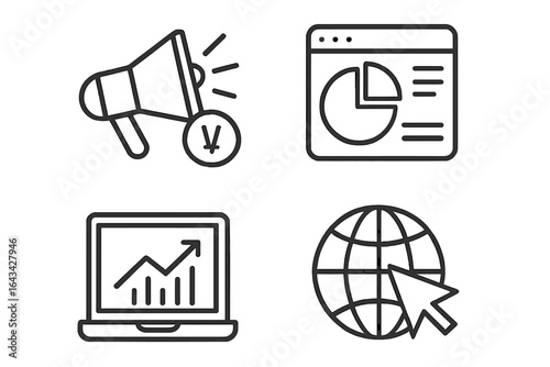Digital marketing icon set with four line style web and mobile app symbols, including SEO, analytics, social media, and email marketing vector illustration on transparent background