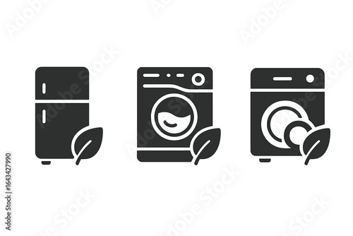 Eco-friendly appliance icons set with simple, modern line art design for sustainable technology and green living concepts, energy efficiency and environmentally conscious home devices