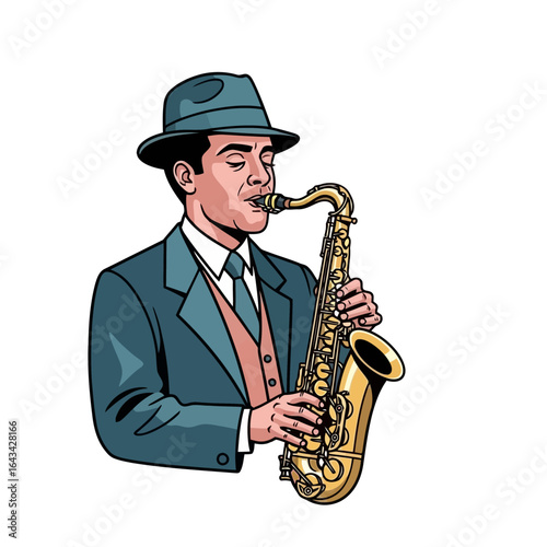 Vector art of man in hat and suit playing saxophone isolated on white background